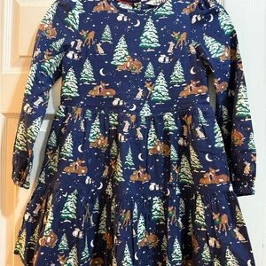 Mini Boden Blue Dress with Festive Forest Design